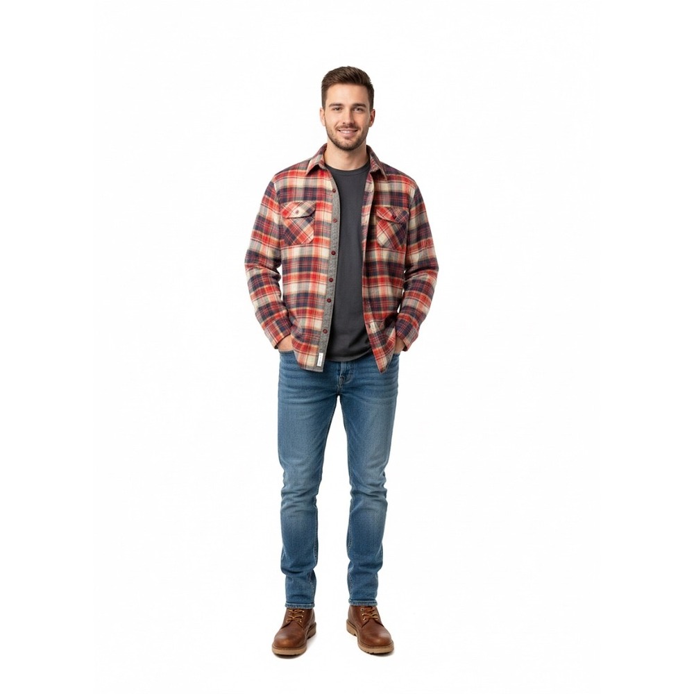 Back Packer Plaid Quilted Lined Flannel Shacket Men's M Red Gray Cotton 90s–Y2K